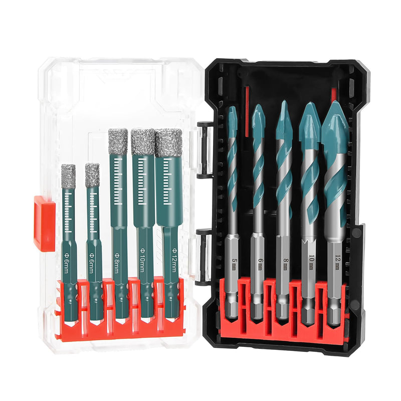 Diamond Drill Bits Set 10Pcs,Drill Bits for Drilling Holes in Procelain,Glass,Ceramic and Tile,3/16”1/4”5/16” 3/8”1/2”Hex Shank Tile Drill Bit for Precise Drilling