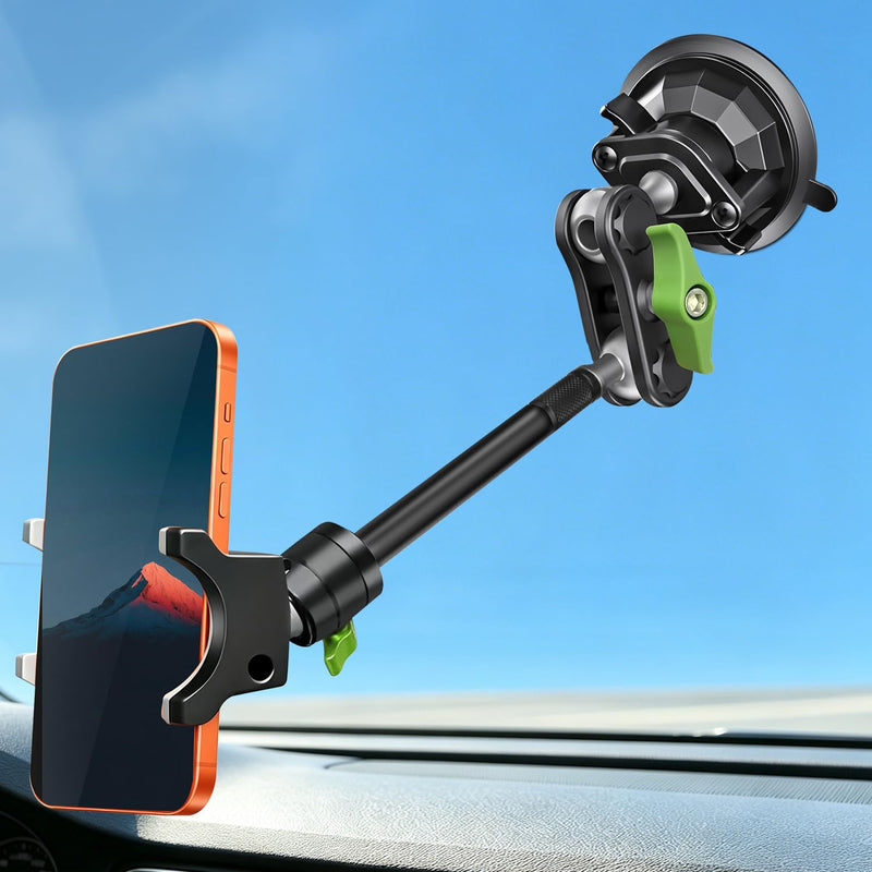 HEMMOTOP Suction Cup Car Phone Holder, 12in, Metal | Vibration Resistance, Heavy Duty, 360° Rotation, Strong Suction for Windshield, for iPhone All Smartphone & Cars Truck Clamp