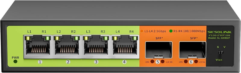 6 Port 2.5Gb Network Switch, 4x2.5G RJ45, 2x10G SFP+, Muti-gigabit, Unmanaged, Metal Case, 60G Bandwidth, Fanless, Compatible with 2.5gbe NAS, PC, AP SL-G0402F1