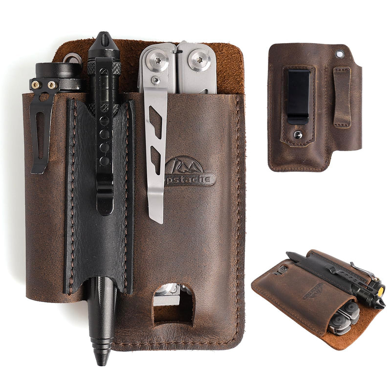 Topstache Leather Multitool Sheath with Belt Clip - Multi Tool Holster for Belt - EDC Belt Organizer Fits Multitool, Flashlight, Pen - Leather EDC Pouch, DarkBrown Darkbrown-L (for Multitool)
