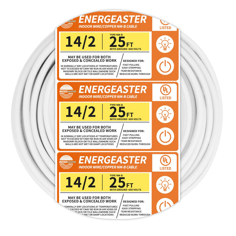 Energeaster Solid Indoor 14/2 W/G NMB Cable 25ft Coil，Electrical Wire 14 Gauge Wire 2 Conductors Non-Metallic with Ground Wire(White) 2x14AWG-White