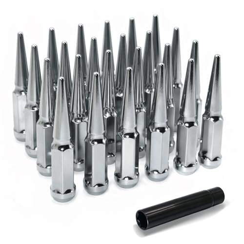 M14X1.5 Chrome Silver Wheel Spike Lug Nuts, 24 PCS Lug Nut Wheel Accessories with 1 Socket Key, Thread Spiked 4.4" Long Closed End Nuts Compatible with Silverado Sierra 1500 M14X1.5-24PCS