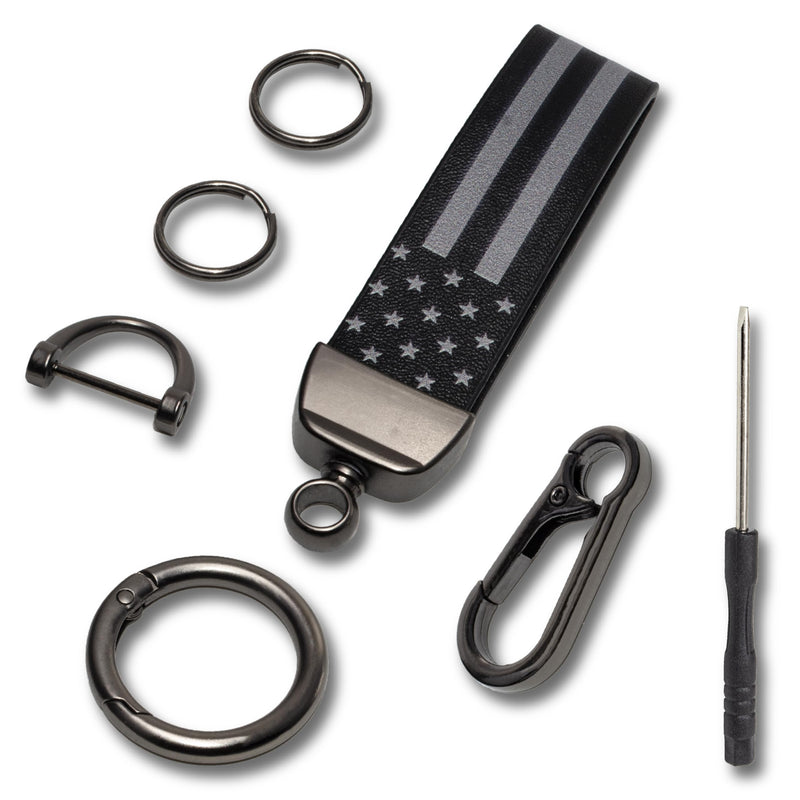 Car Key Chain, Leather Car Keychains for Men, American Usa Flag Key Chains with Anti-Lost D-Ring Black
