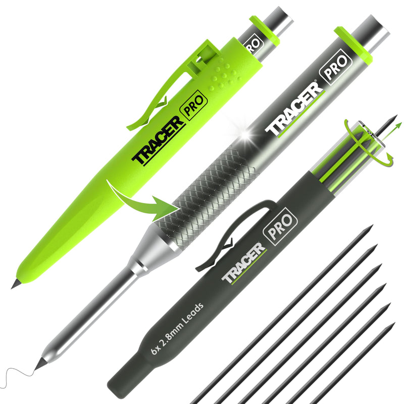Tracer Pro Aluminum Deep Hole Construction Pencil - Durable Mechanical Carpenter Pencils Set with Sharpener & 6 Replacement Leads Holster Woodworking Marking Tool Contractor Pencil Kit 2.8mm Deep Hole