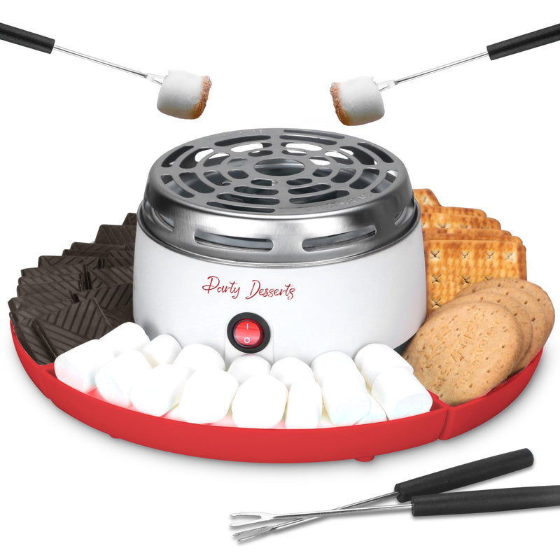 Party Desserts Electric Smores Maker Tabletop Indoor Kit, Indoor Marshmallow Roaster, Smores Station with 4 Compartment Trays & 4 Forks, Great Gift for Adults and Kids in Holidays and Parties (Red) Red