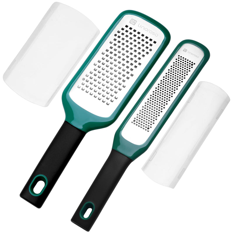 linoroso Lemon Zester & Cheese Grater Set of 2 - Kitchen Handheld Grater Tool for Cheese, Garlic, Ginger, Nutmeg, Chocolate, Fruits - Razor Sharp Stainless Steel Blade with Protective Cover