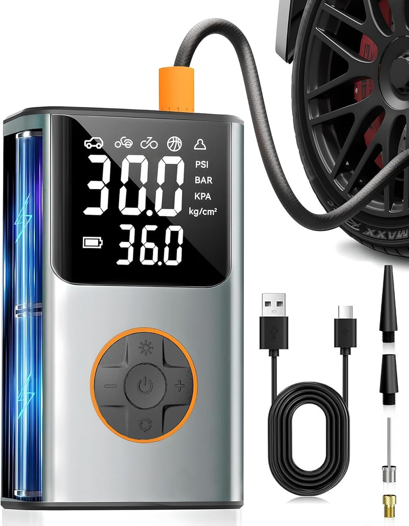 Tire Inflator Portable Air Compressor, Bike Pump, 150PSI Air Pump for Car Tires with LCD Dual Screen and Digital Tire Pressure Gauge, Air Compressor for Bicycle, Motorcycle, Compact Car, Ball Silver