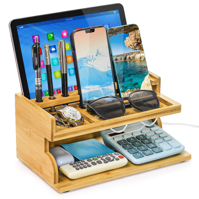 Yopay Nightstand Organizer for Men, Luxury Bamboo Phone Docking Station for Dad Husband, Charging Organizer Cell Phone Stand Tablet Stand for Boyfriend Graduation Office Father's Day