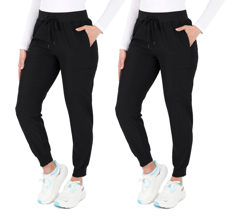 READY SET SCRUBS - Scrub Pants for Women - 2 Pack - Cargo Jogger Pants Set with 8 Pockets - Yoga Waistband - Soft & Stretchy Regular Fit X-Large Black