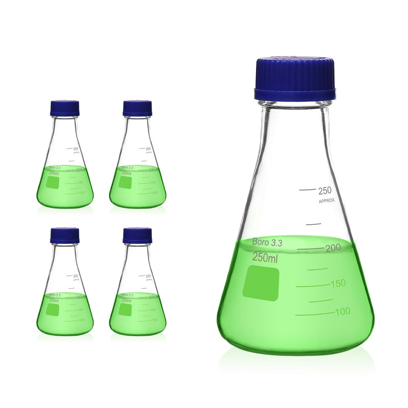 Utile 4 Pcs 250ml Glass Erlenmeyer Flask with Blue Cap, Narrow Mouth Erlenmeyer Flasks, Borosilicate 3.3 Glass Conical Flask for Lab Experiment Chemistry Science,4016.0752.4 4 Pcs of 250ml