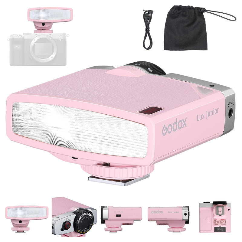 Godox Lux Junior Retro Camera Flash with PC sync Ports (Pink, 4.6oz) | GN12, 1/1-1/64 Flash Power, Auto&Manual Modes, 6000±200K, 28mm Focal Length with Sync Cable for Canon Nikon Sony Fuji Olympus Pink