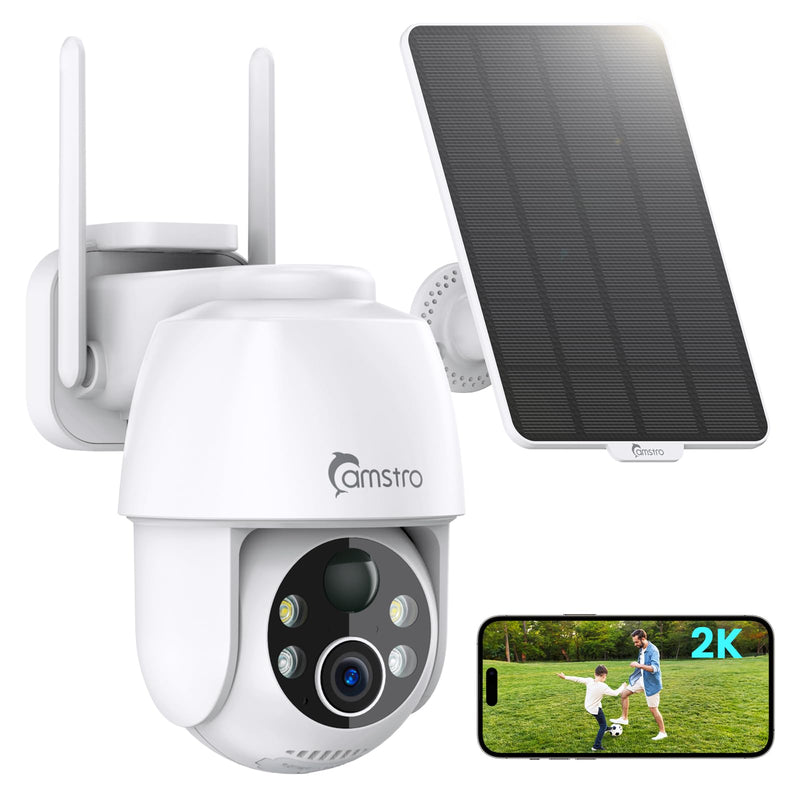 2K Solar Security Cameras Wireless Outdoor, WiFi Cameras for Home Security Battery-Powered, 360° PTZ, 3MP Color Night Vision, Two-Way Audio, Alexa/Google Assistant, 2.4Ghz Only White