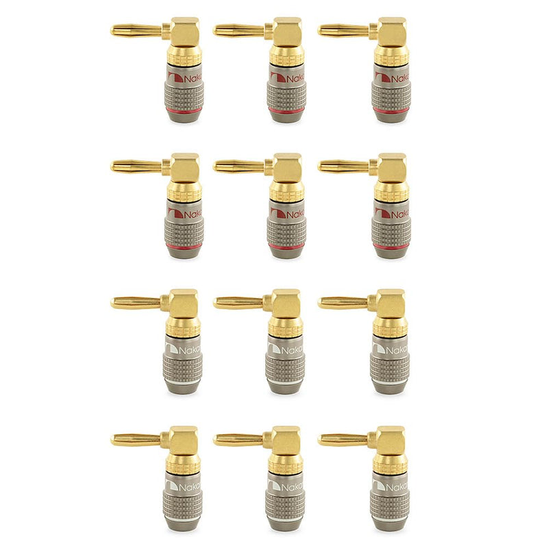 Nakamichi FanLock Excel Series 24k Gold Plated Right-Angle 90 Degree Banana Plug 10 AWG - 18 AWG Gauge Size 4mm for Speakers Amplifier Hi-Fi Home Theatre Wire Cable Quick Connector, 12 Pcs (6-Pairs) 12 Pcs (6-Pairs)