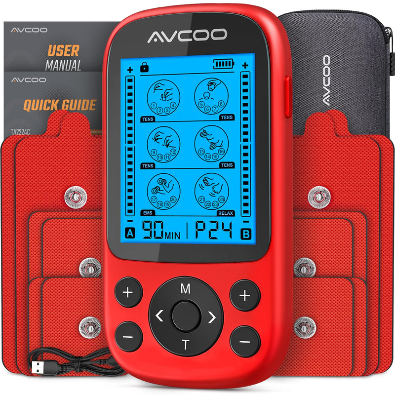 AVCOO 3-in-1 TENS Unit Muscle Stimulator, EMS Massager Machine with 24 Modes & 40 Levels for Shoulder, Back, Neck, Sciatica Pain Relief, Portable-Size Electronic Pulse Massager with 12 Pads, EVA Case A Red