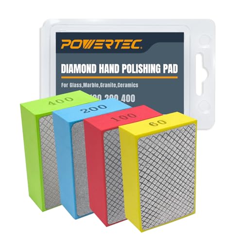 POWERTEC Diamond Hand Polishing Pads Assorted 60/100/ 200/400 Grits 4 Pack, Diamond Sanding Block for Polishing and Grinding Porcelain, Ceramic Tile, Glass, Granite, Stone, Wood & Metal (71907)