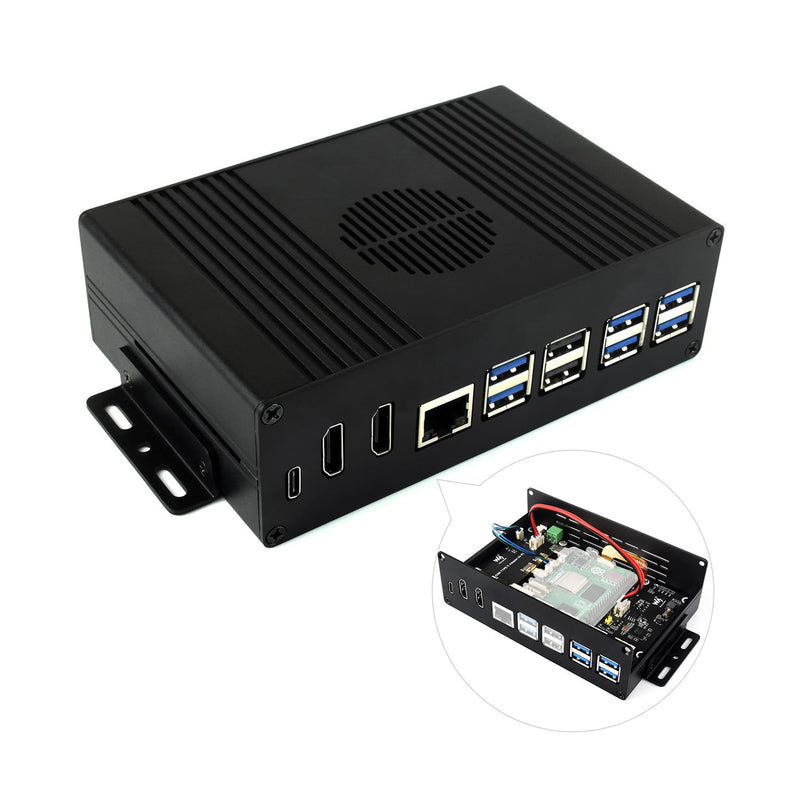 Waveshare Multi-Functional All-in-One Mini-Computer Kit, Compatible with Raspberry Pi 5, Aluminum Alloy Case, Comes with PCIe to 4-ch USB 3.2 Gen1 Adapter