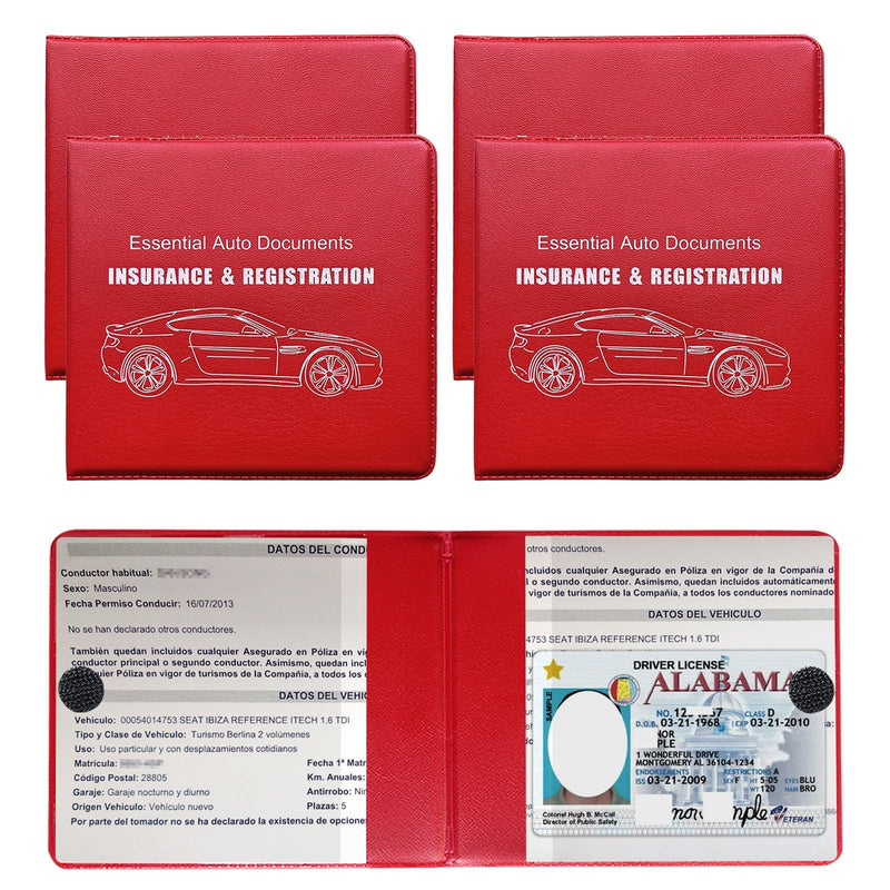 4PCS Car Registration Insurance Holder, Vehicle Glove Box Car Organizer with Magic Tape Closure, Driver License Keeper for Cars, Car Accessories (Big Car, Red Big Car, Red 4 PCS