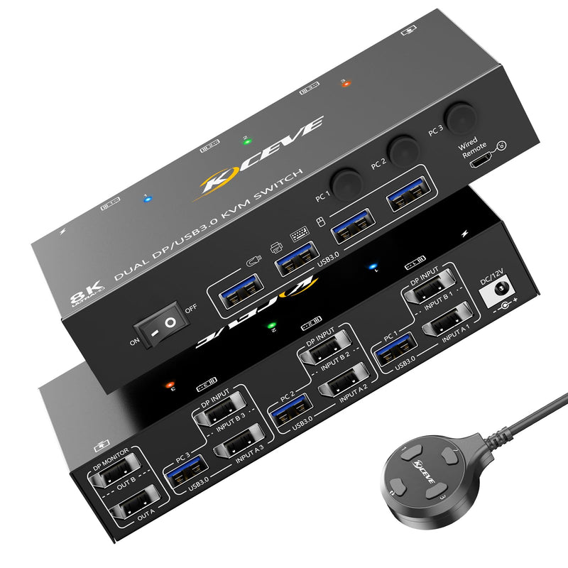8K KVM Switch 2 Monitors 3 Computer, KCEVE Dual Monitors USB 3.0 Displayport KVM Switcher, Supports 8K@60Hz for 3 DP Port PC Share 2 DP Monitors, Keyboard and Mouse 3x2 KVM DP+DP+DP