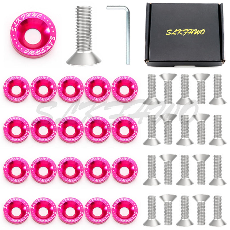 6063-T6 Hard Aluminum Alloy Fender Washer 20 Pieces CNC Precision Machining Bumper Engine Compartment JDM Car Accessories Engine Dress up kit（Rose Red） rose Red