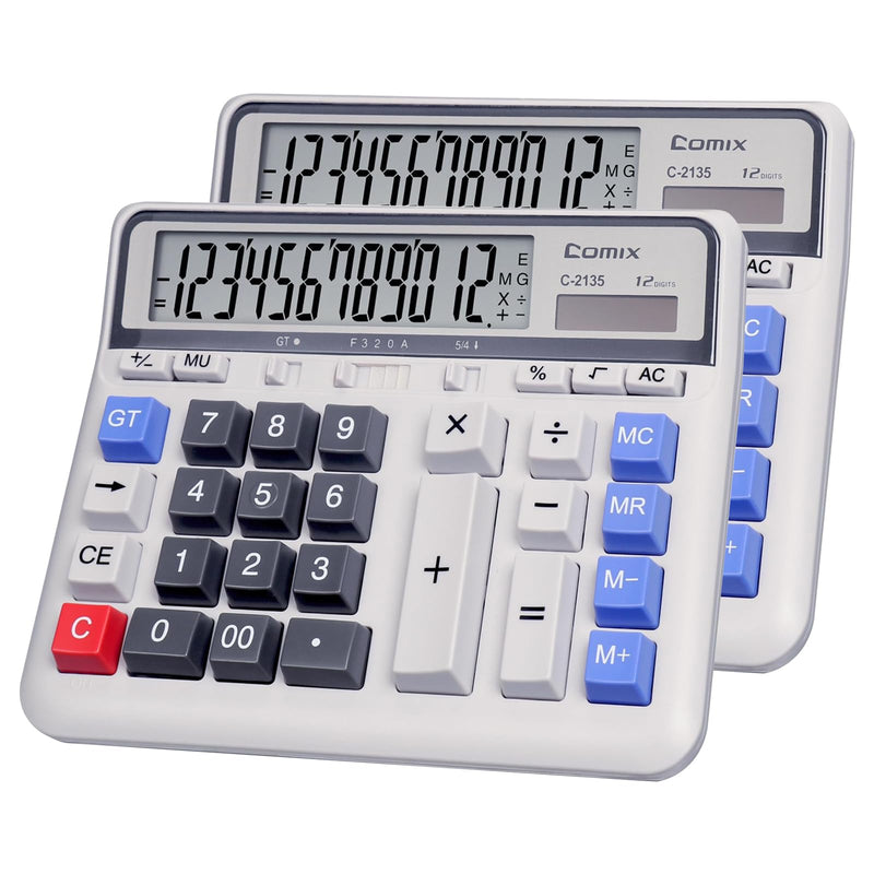 Comix Desktop Calculator Solar Battery Dual Power with 12-Digit Large LCD Display and Large Computer Keys Standard Function Calculator for Home Office School, White(2 Pack) White 2Pack