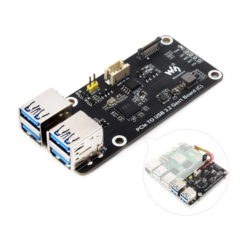 Waveshare PCIe to 4-Ch USB3.2 Gen1 Board (C), Compatible with Raspberry Pi 5, Up to 5Gbps Transmission Speed, No Driver Required, Plug and Play