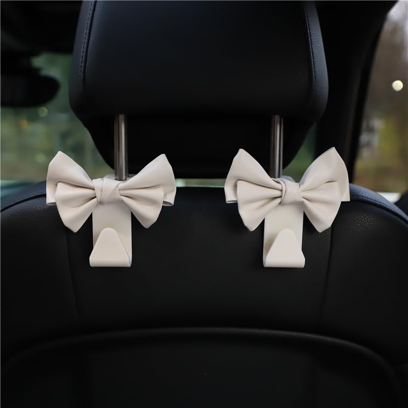 2 Pack Car Purse Hooks, Cute Bow Car Seat Headrest Hook Hanger for Purses and Bags, Space-Saving Car Accessory (white) white
