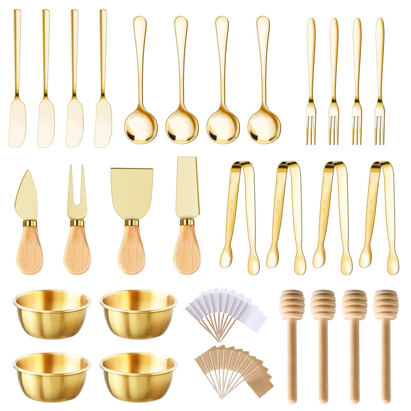 48 Pcs Charcuterie Boards Accessories Butter Spreader Knives Set Stainless Steel Cheese Mini Serving Tongs Spoons Forks Dipping Bowls Toothpick Flags Utensils for Pastry Making Wedding Christmas(Gold) 48Pcs Gold