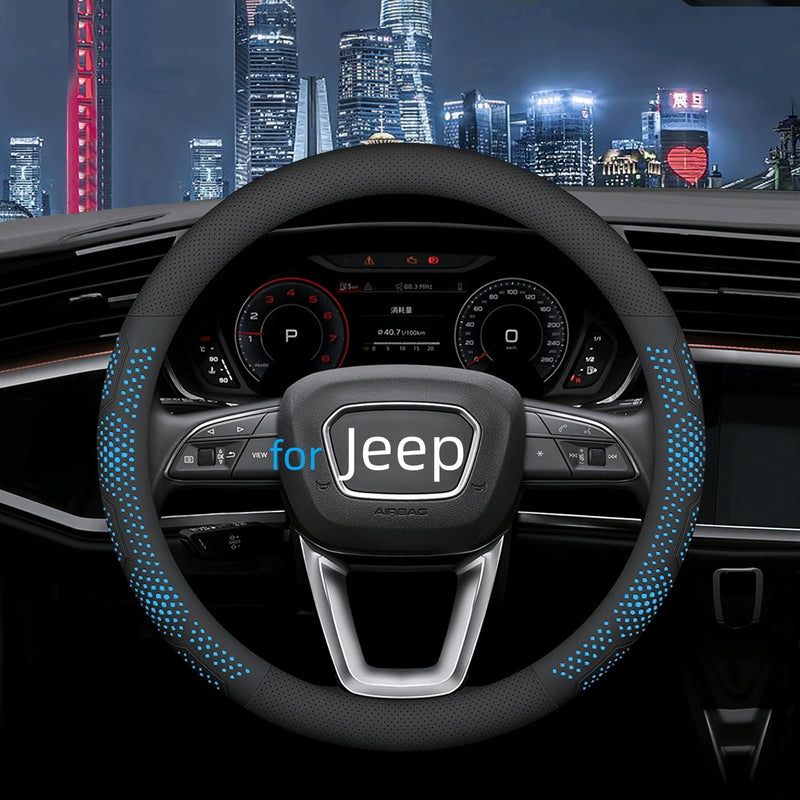 Leather Steering Wheel Cover for Jeep Wrangler Grand Cherokee Compass, 14.5-15 inches Car Steering Wheel Cover with Non-Slip Breathable (Blue) Blue