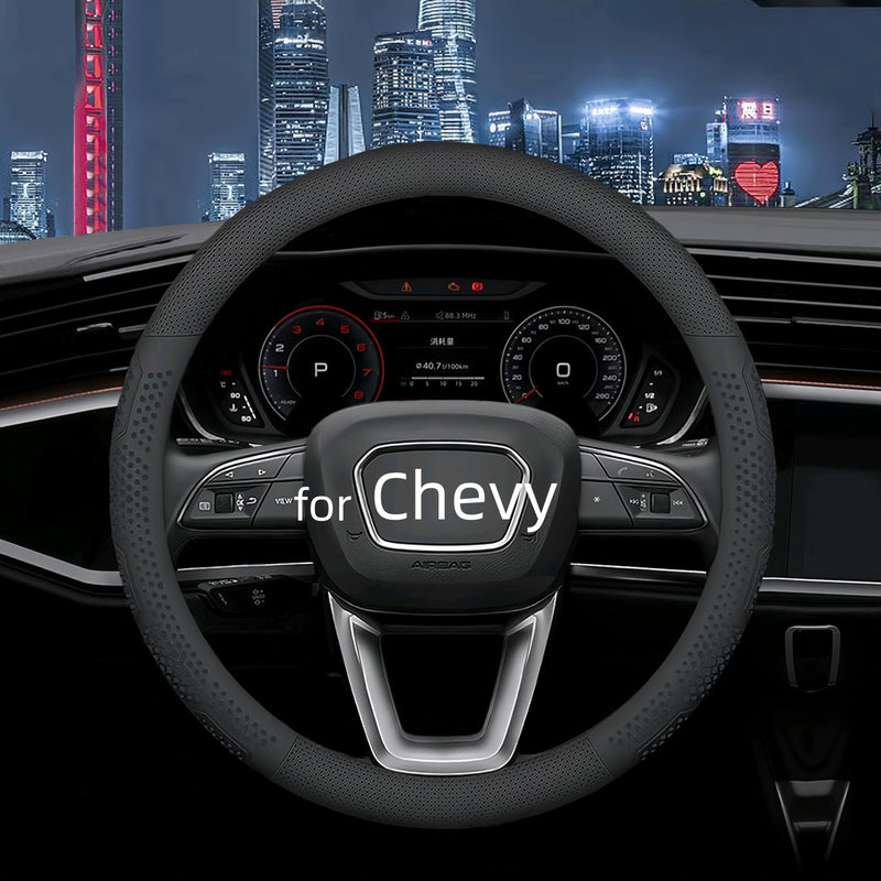 Leather Steering Wheel Cover for Chevy Silverado 1500 2500 3500, 14.5-15 inches Car Steering Wheel Cover with Non-Slip Breathable (Black) Black