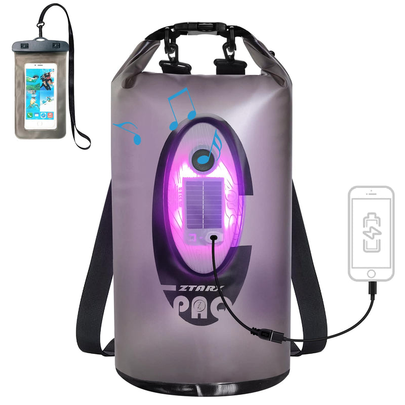Qoolife Dry Bag Waterproof with Solar Bluetooth Speaker & Light - 10L/20L Roll Top Dry Sack Keeps Gear Dry for Men Women Kayaking, Beach, Rafting, Boating, Hiking, Camping and Fishing Grey with BT Speaker 20L