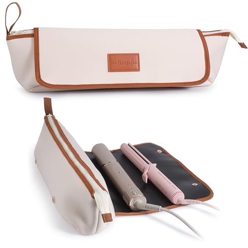 Large Hair Tools Travel Bag with Heat Resistant Mat for Curling Irons, Flat Irons, and Styler Brushes | Protective Organizer for Travel & Home Ivory/Brown