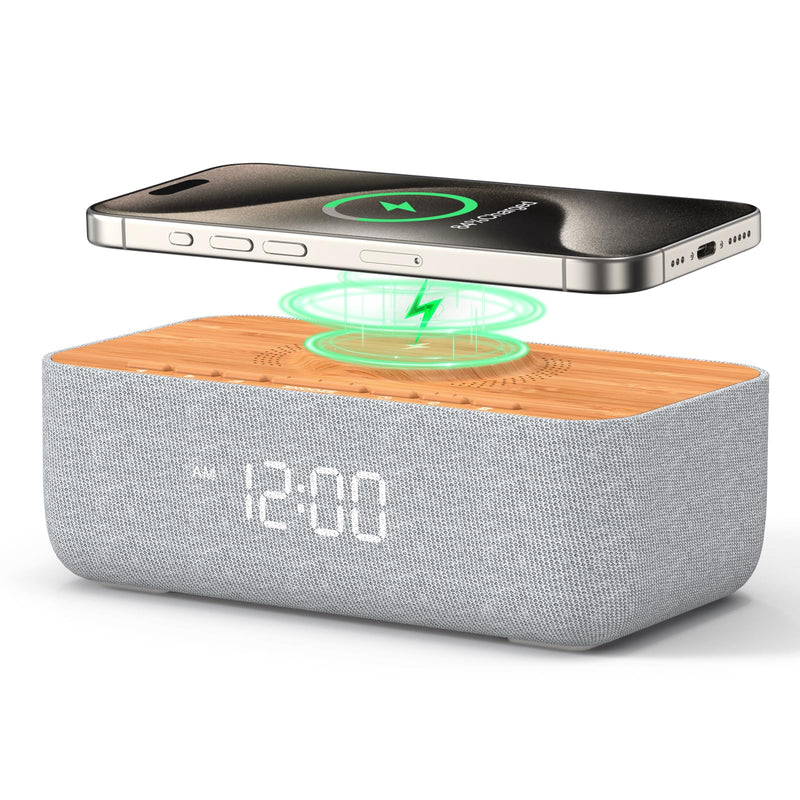 REACHER 15W Fast Magnetic Wireless Charging Alarm Clock with White Noise Machine, Woodgrain Style, 20 High‑Fidelity Sounds, Gradual Wake & Snooze, 0–100% Dimmable Digital Clock, Bedroom & Office Wood Grain