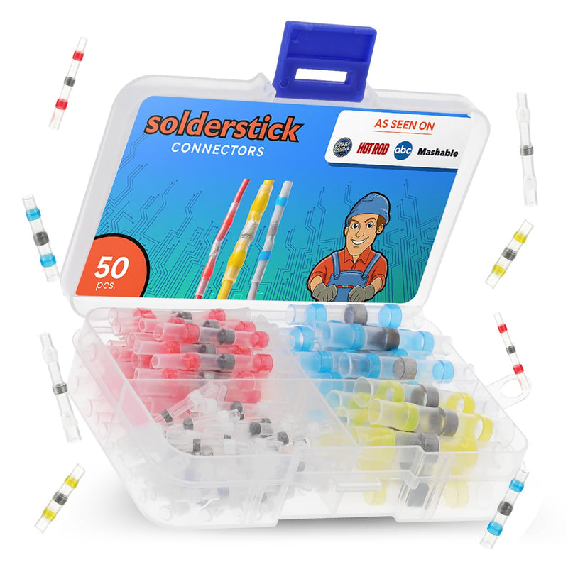 50 Pieces Waterproof Solder Seal Wire Connectors Kit, Electrical Insulated Wire Splice Heat Shrink Wire Connectors with 4 Gauges - 12-10, 16-14, 22-18, 26-24 AWG 50