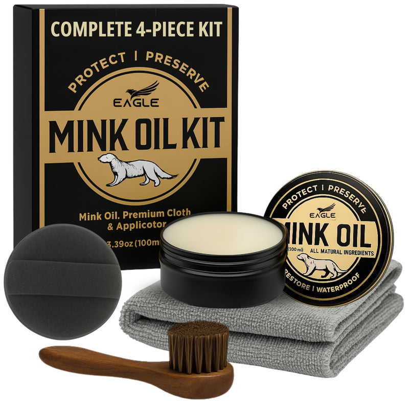 4-in-1 Mink Oil Leather Conditioner Kit – 3.52oz Waterproof Paste with Horsehair Brush, Sponge & Microfiber Cloth – Leather Cleaner & Protector for Boots, Shoes, Jackets, Saddles & Bags
