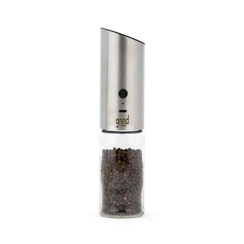 Grind Gourmet Automatic Electric Salt or Pepper Grinder Mill, USB Rechargeable, Adjustable Coarseness, One-Handed Operation, Stainless Steel