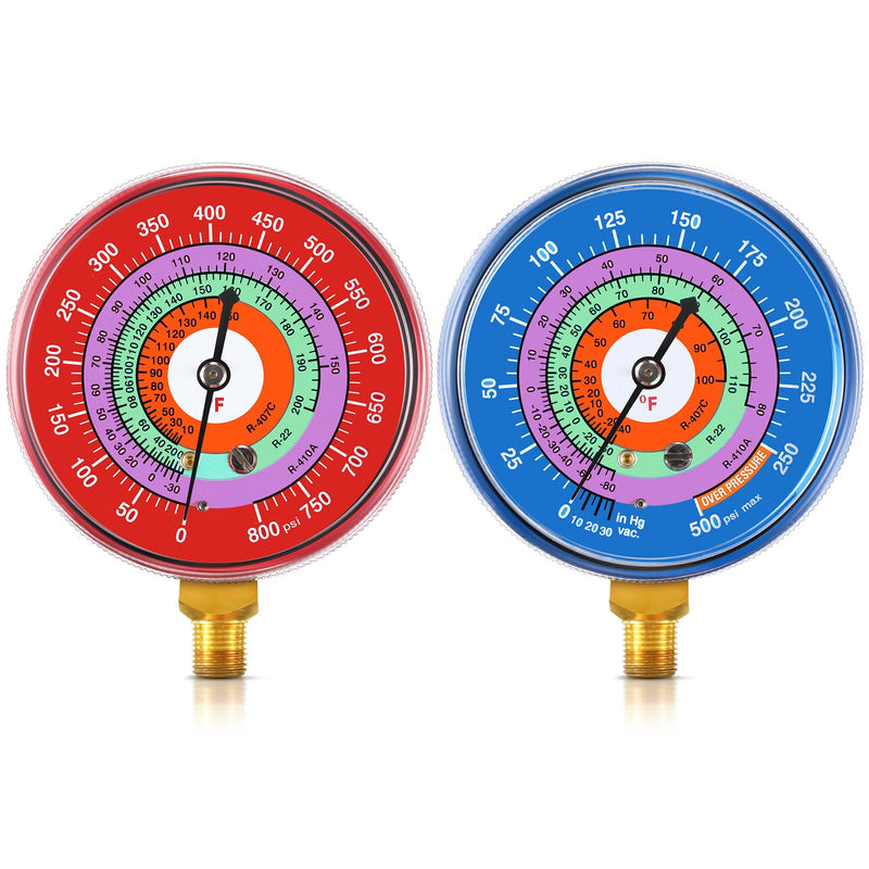Relaxweex Refrigeration Pressure Gauge Kit R-134a, R-404a, R-2092, R-410a R-134a 0-800psi 1/8" Npt Lower Mount 30inhg-0-250psi, 250-500psi & 0-800psi Degree F Blue Dial & Red Dial (70mm(2-3/4" Dial)) 70mm(2-3/4" Dial)
