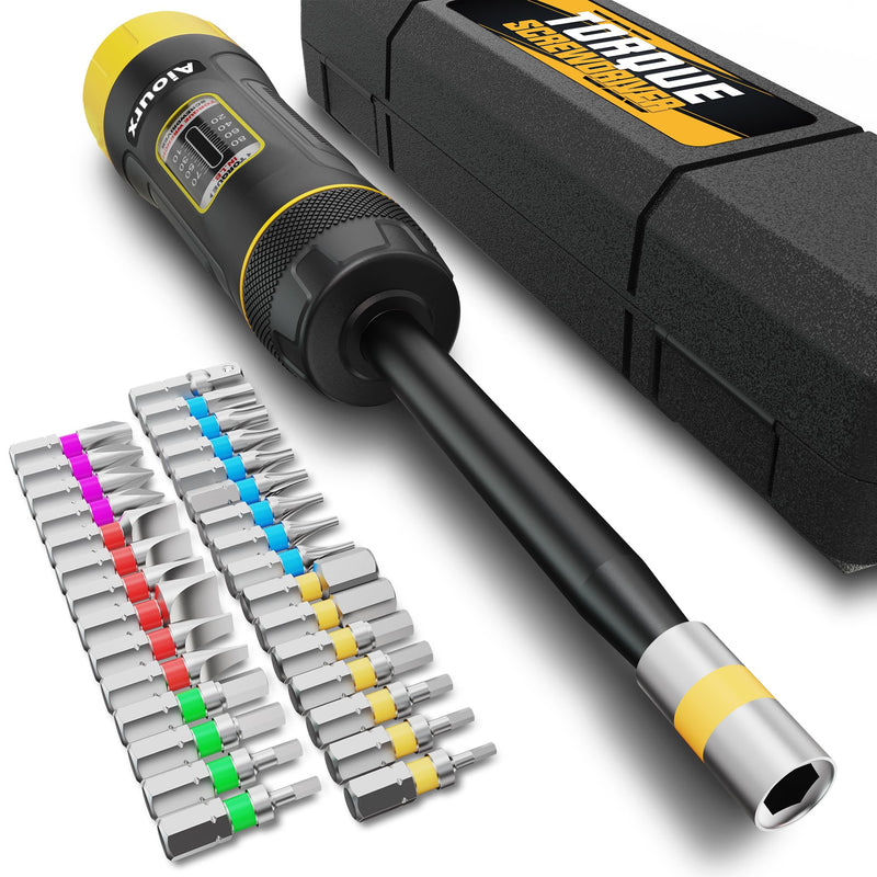 Long Shank Torque Screwdriver Set, 10-80 Inch Pounds lbs, 32 Piece 1/4" Drive Torque Screwdriver Wrench with S2 Steel Bits for Bicycle Mechanics, Mechanical Equipment, and Mounting 10-80 in-lb L