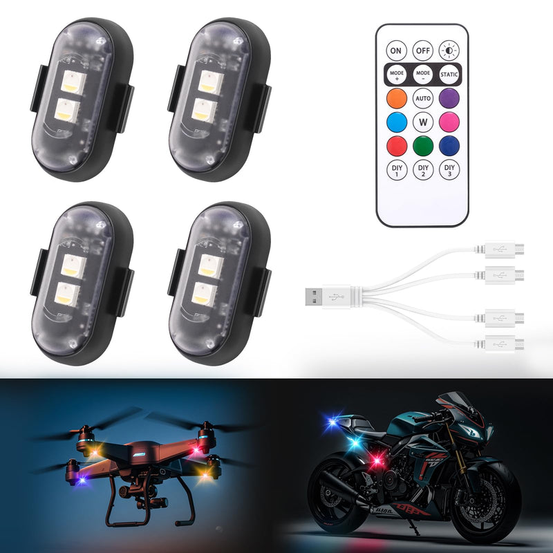 4PCS Wireless LED Strobe Lights with Remote Control,8 Colors Waterproof Anti-Collision USB Charing Led Warning Light, High Brightness Wireless LED Lights for Car Drone Truck Motorcycle Aircraft Bike 4