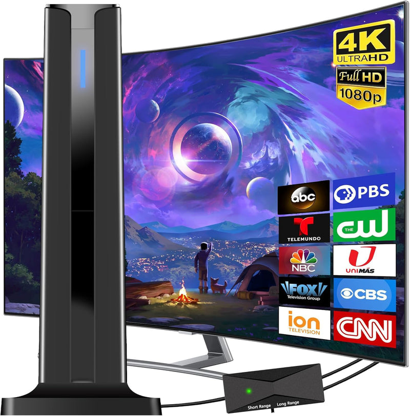 Digital Antenna for Smart TV Indoor, 2026 HD Antennas with 3M-Stick Base, 360°&Long Range Reception 4k 1080p for Local Channels, Easy Setup Antenna for TV Without Cable (Black) Black
