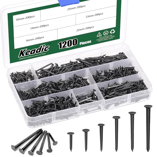 Keadic 1200Pcs Black High Strength Nails Kit, 10/13/16/19/22/25mm Black Shoes Nails Assortment Kit Metal Nails Tacks Anti-Slip Carbon Steel Nails Tacks Replacement for Boots Leather Repairs