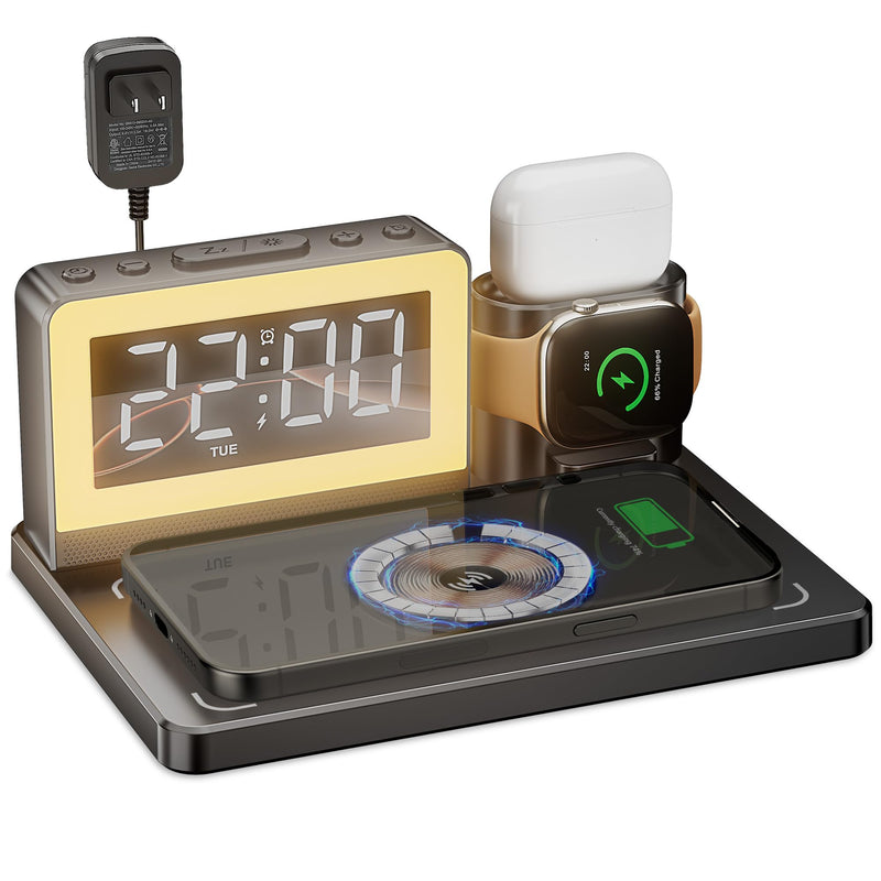 Wireless Fast Charging Station - 7 in 1 Alarm Clock with Wireless Charger Stand - Charging Dock for Apple,for Samsung Galaxy Multiple Devices - for iPhone Watch,for Airpods (Black) Black
