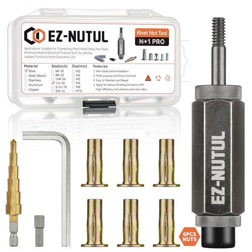 Multi-Grip Rivet Nut Installation Tool Set Pre-Bulbed Shank Flat Head Threaded Insert Nut Plus Nuts Assortment Kit Cross Rivnut for Construction Industrial (1/4-20(Plus Nut Tool-6pcs))