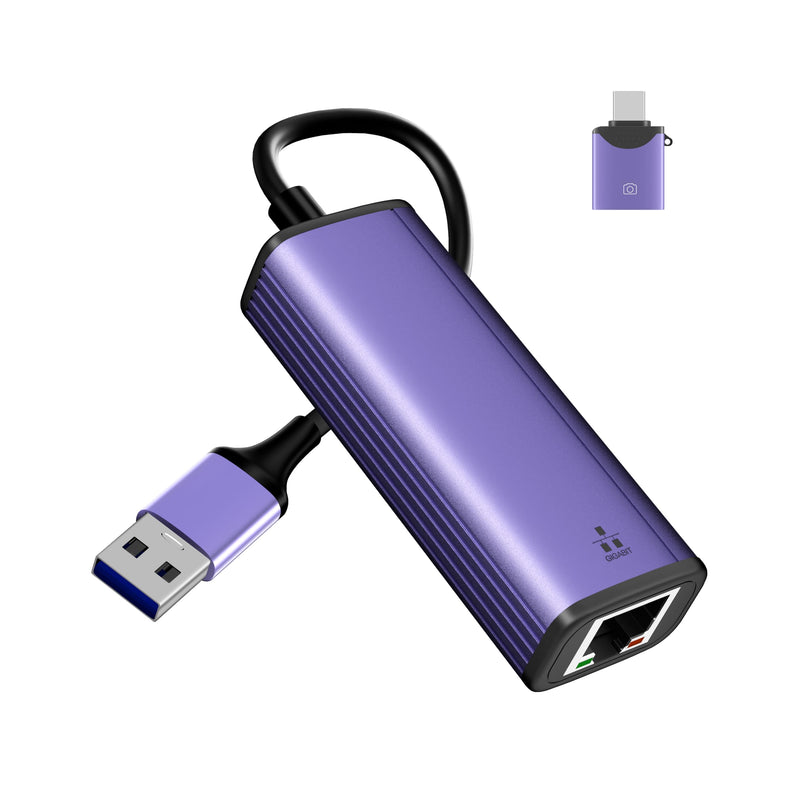IVSHOWCO 2 in 1 USB to Ethernet Adapter, USB C 3.0 to Gigabit Ethernet Adapter LAN Network, 1000Mbps High Speed Network Port Compatible MacBook pro, iPad Air Pro, Laptop, XPS, Switch Purple.
