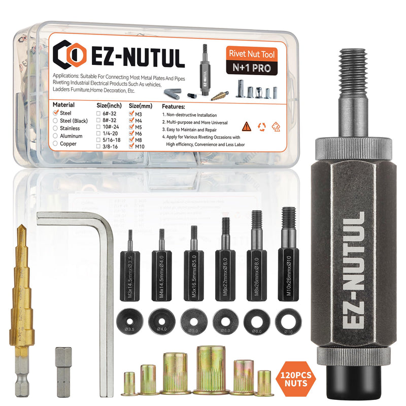 Rivet Nut Installation Tool Set Flat Head Rivnut Threaded Insert Nut Kit SAE & Metric for Metal Heavy Duty Zinc Plated Nutsert (Metric Tool Assortment(120pcs)) Metric (Tool Assortment, 120pcs)