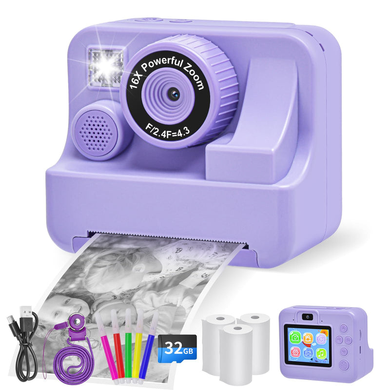 Kids Camera Instant Print, Dual Cameras Photo 1080 HD 2.4 Inch Screen Toddler Print Camera with 3 Prints Paper & 32 G,Christmas Birthday Gifts for Girls Boy 3 4 5 6 7 8 9 1s0 11 12 Year Old Purple