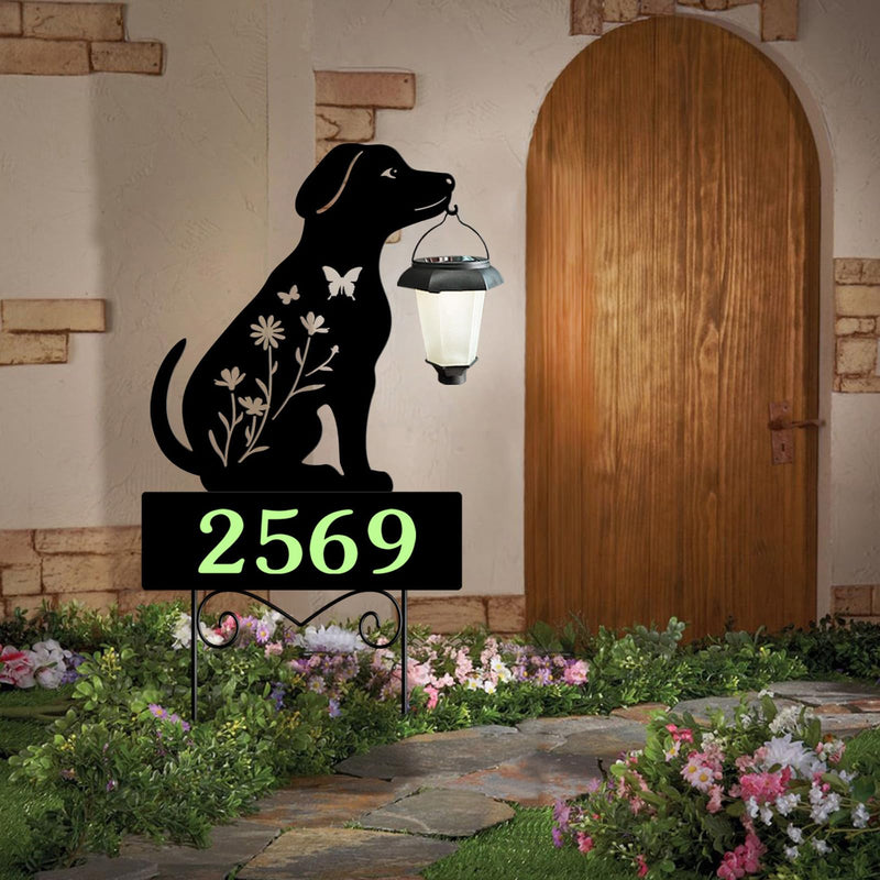 Solar House Numbers for Outside,YY Gardenia Metal Dog Address Signs for Houses with Glow in the Dark,Outdoor Decorative for Garden,Lawn,Patio,Pathway Black