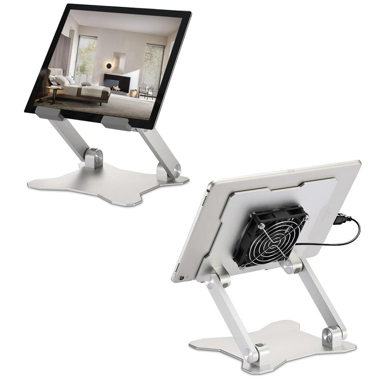 Surface Pro Stand, iPad Cooler,Cooling Pad,Aluminum Sturdy Tablet Stand Holder with Quiet Fan for Microsoft Surface Tablets,iPad Series,Samsung Galaxy Tabs-Up to 15-in Tablets Silver