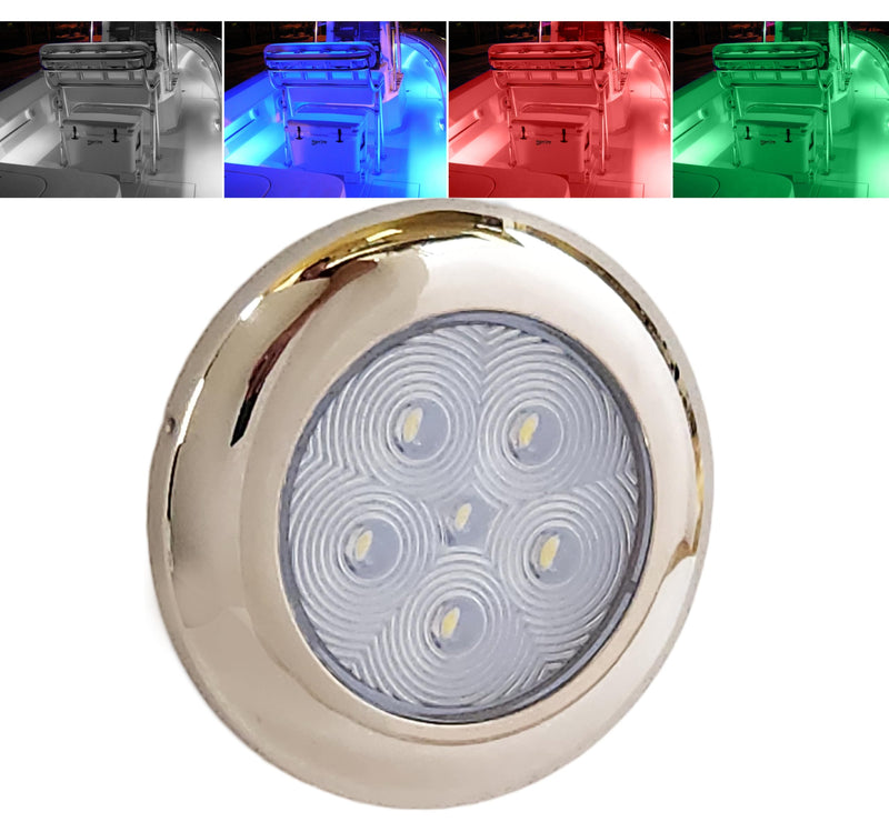 Wave One Marine SURFACE Mount 2.75" RGBW Internal Driver LED Courtesy Boat Light | RV Accent | Interior Exterior Deck Transom Cockpit T Top | Waterproof IP68 (Stainless Bezel) Stainless Bezel (2.75")