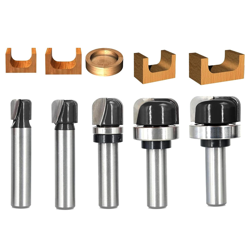 5PCS Bowl & Tray Template Router Bit Set 1/2 Inch Shank, Cove Juice Groove Router Bit, Carbide Tipped Circle Round Nose Cutting, Ideal for Making Wood Bowls, Trays, Boxes, Board Troughs 5pcs 1/2 Inch