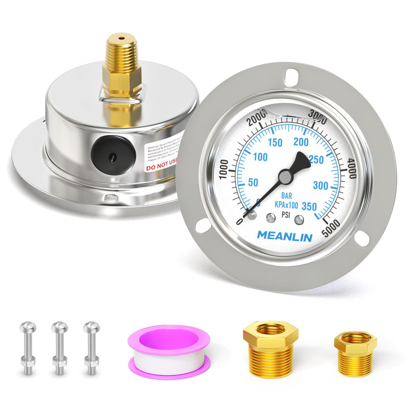 MEANLIN MEASURE 0~5000Psi Liquid Filled Pressure Gauge Front Flange Panel Mount, 1/4" NPT 2.5" FACE DIAL Stainless Steel Case with Phillips Screw, Nut and Brass Hex Bushing, +/-3-2-3%